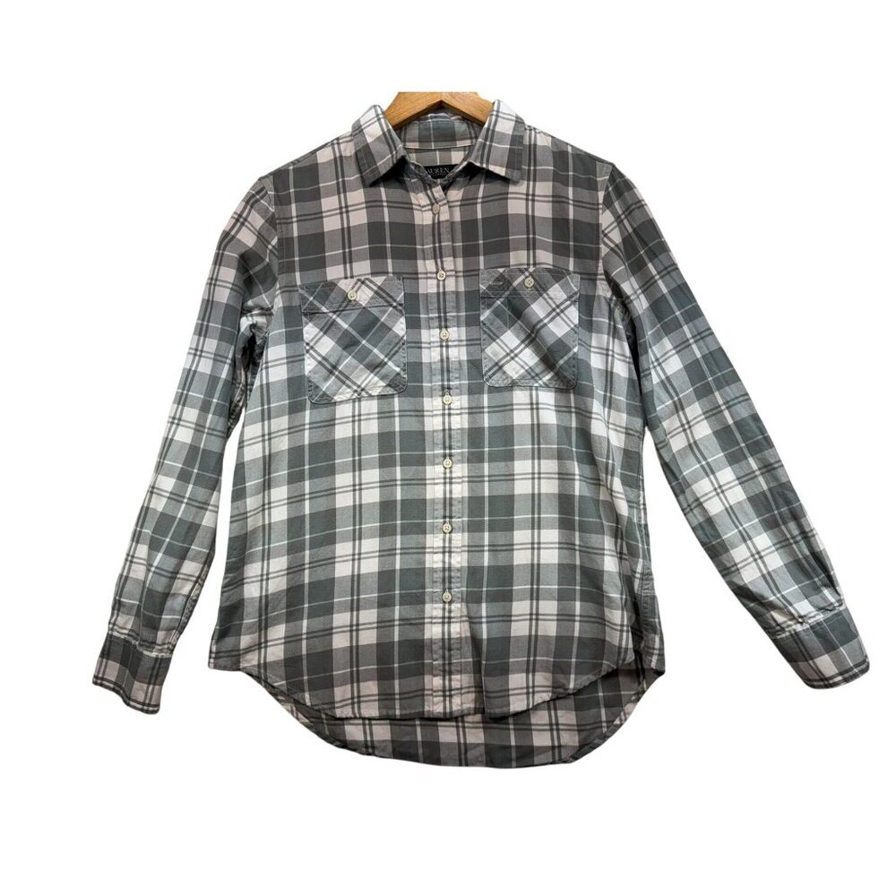 Lauren Ralph Lauren Womens Button-Up Shirt Size M Gray Plaid Long Sleeves Casual